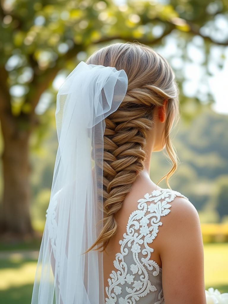 A bride with a braided hairstyle and a delicate veil, showcasing elegant bridal styling.