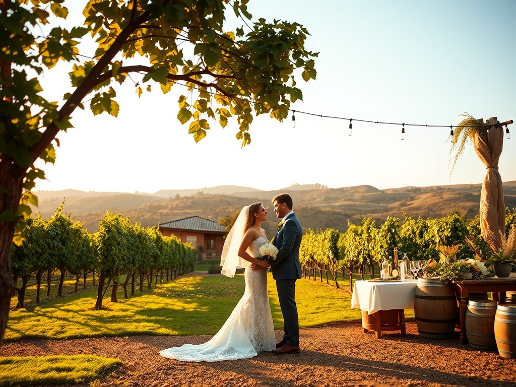 Couple in wedding attire standing in a vineyard during sunset with a charming background.