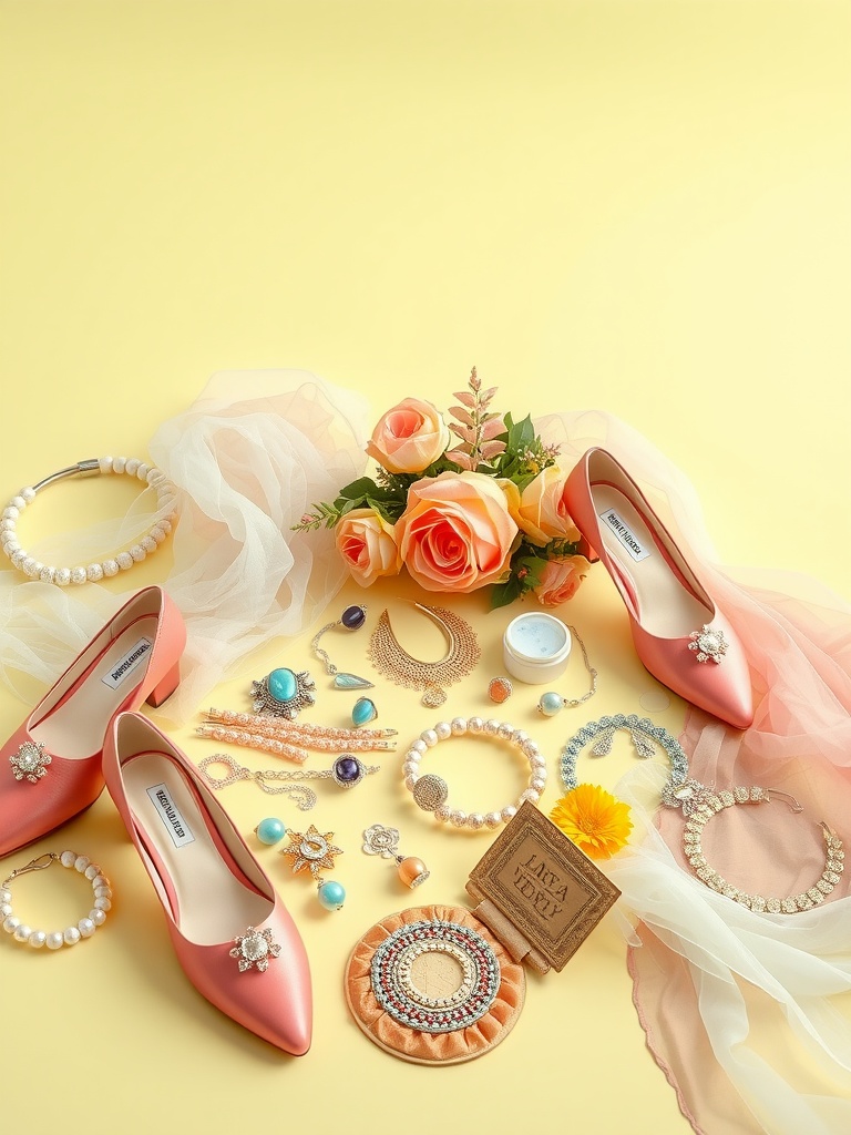Bridal accessories including pink heels, jewelry, and flowers on a yellow background