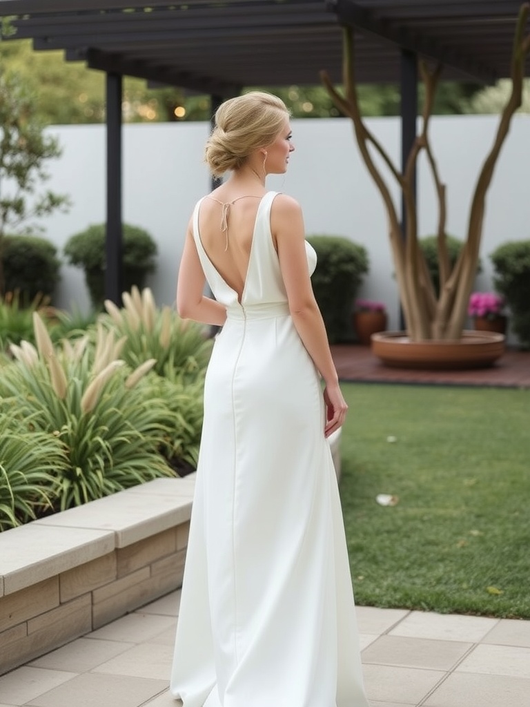 A woman modeling a minimalist wedding dress with an open back in a garden setting.