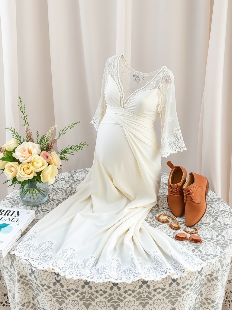 A supportive bridal gown designed for pregnant brides displayed on a table with accessories.