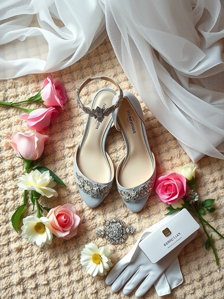 A pair of bridal shoes with embellishments, surrounded by flowers, gloves, and accessories on a soft background.