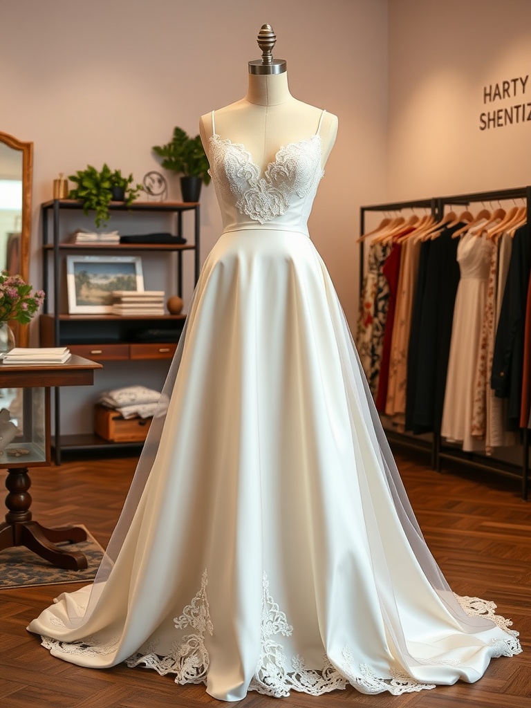 A luxurious silk wedding dress displayed in a bridal shop, showcasing intricate lace detailing and a smooth satin finish.