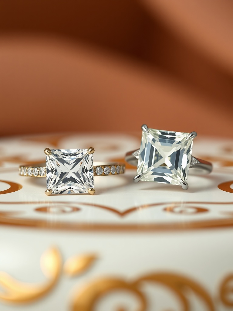 Two princess cut engagement rings on a decorative surface, one vintage style with a gold band and one modern style with a silver band.