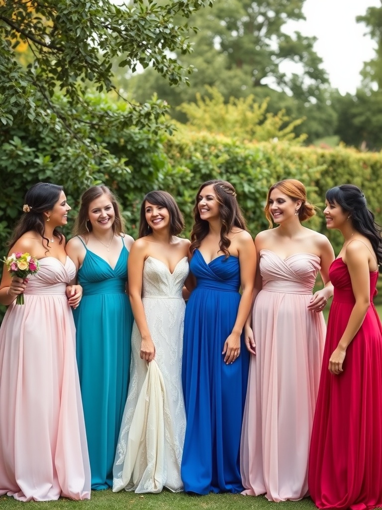 A group of bridesmaids dressed in colorful gowns, featuring shades of pink, teal, blue, and red, gathered outdoors.