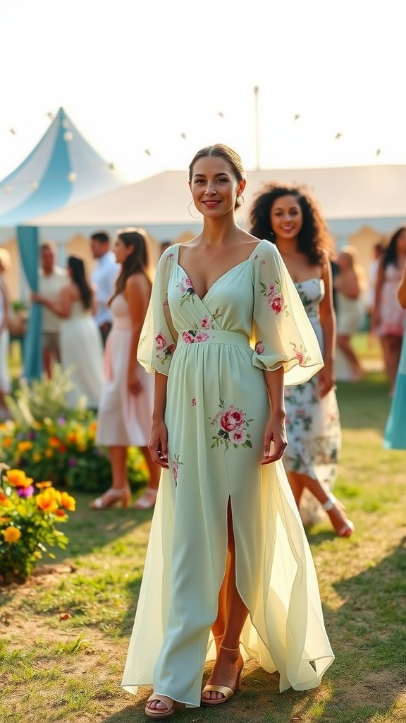 A woman smiling in a pastel-colored maxi dress with floral patterns and statement sleeves at a summer wedding.
