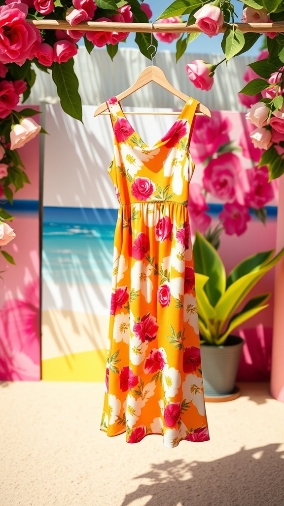 Vibrant floral shift dress hanging against a colorful background with tropical flowers.