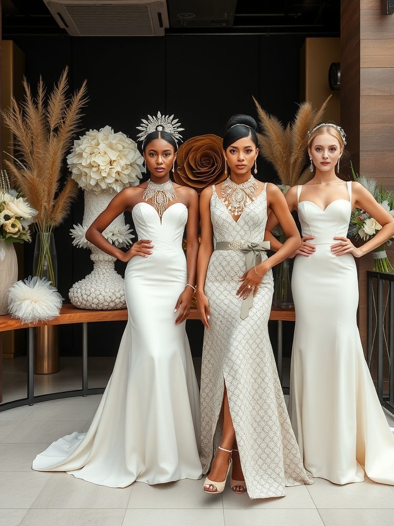 Three brides showcasing unique bridal accessories, including bold jewelry and headpieces, against a stylish backdrop.