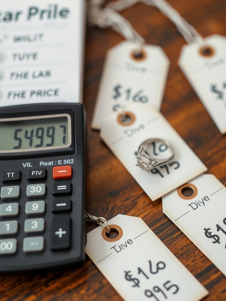 Calculator next to oval and round engagement rings with price tags.