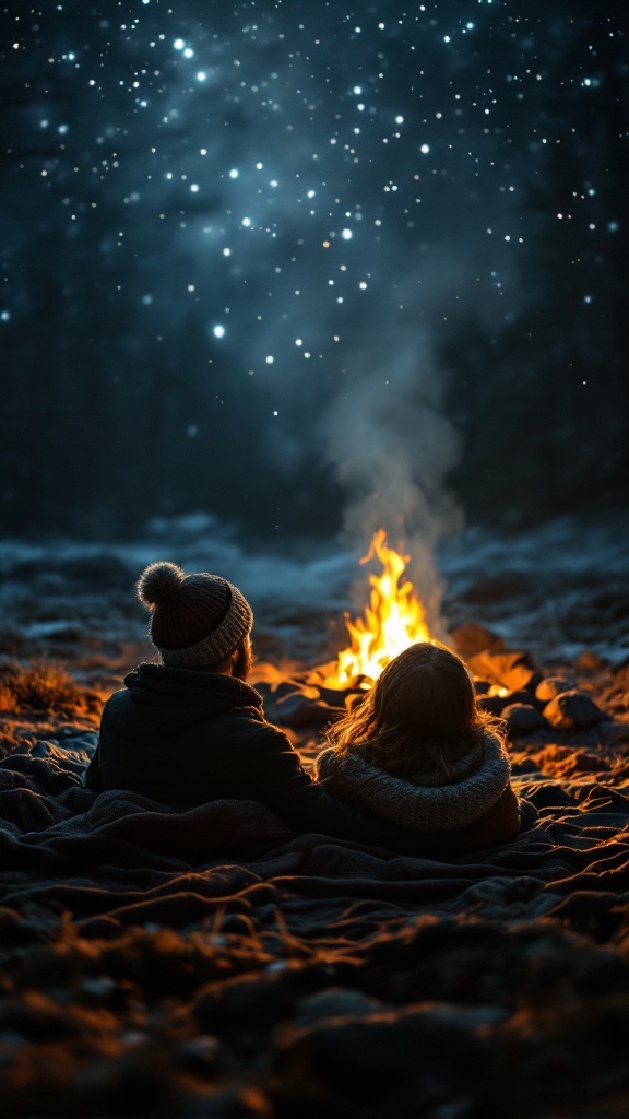 A couple sitting by a campfire under a starry sky, wrapped in blankets.