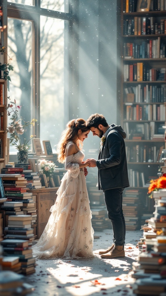 A couple holding hands in a bookstore, surrounded by shelves of books and soft lighting.