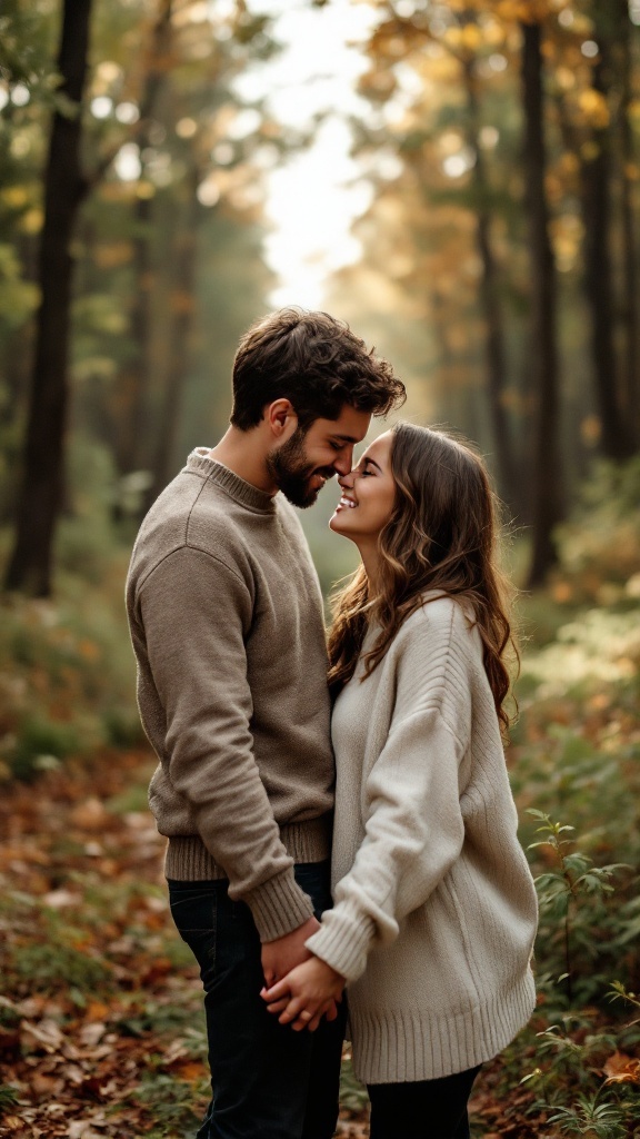 A couple embracing in a forest, surrounded by fall colors, celebrating their engagement.