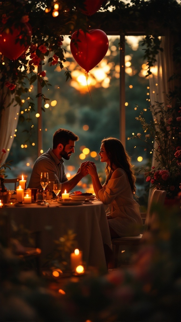 A couple at a candlelit dinner, holding hands and sharing smiles, surrounded by romantic decorations.