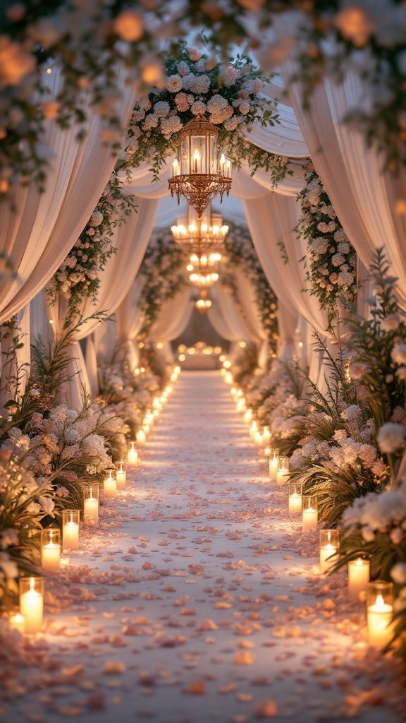 A romantic candlelit pathway decorated with flowers and lanterns for a wedding.