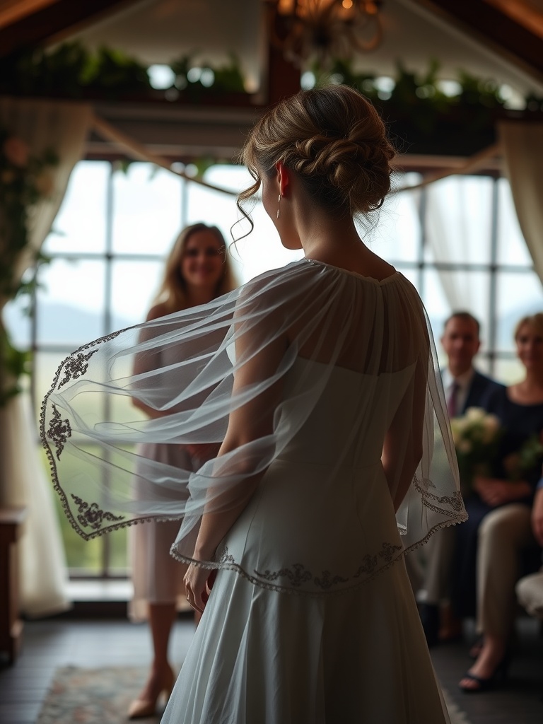 A bride wearing a delicate sheer capelet during an intimate wedding ceremony.