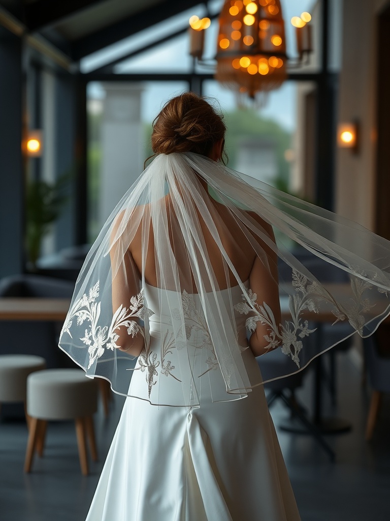 Bride wearing a stylish capelet with floral embroidery, showcasing an elegant wedding cover-up.