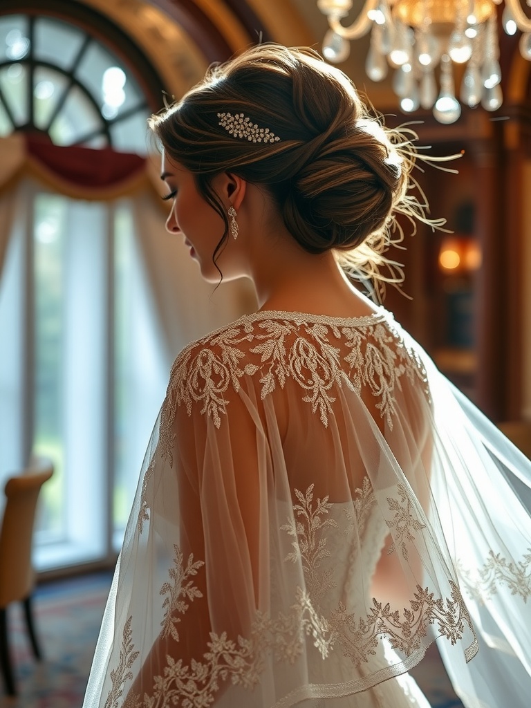 Bride wearing an embellished bridal capelet, showcasing intricate embroidery, captured in an elegant indoor setting.