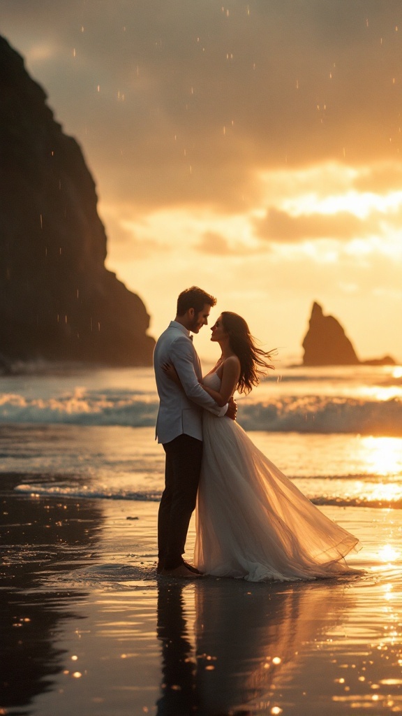 A couple embracing on a beach during sunset, capturing a candid moment filled with romance.