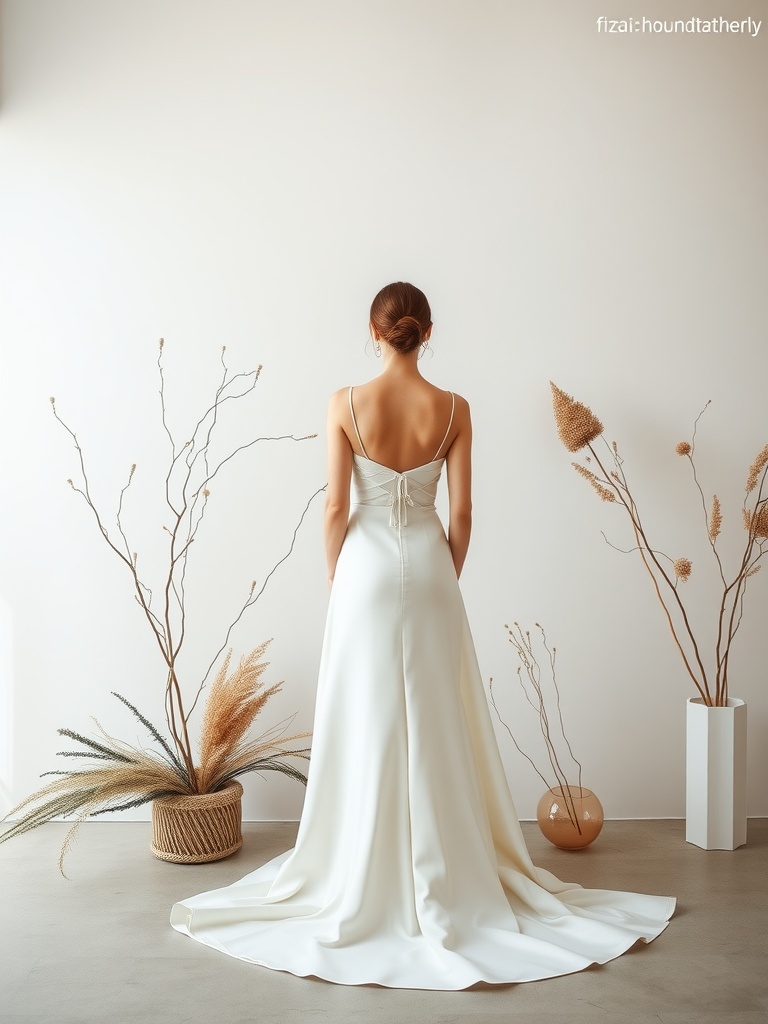 A minimalist wedding dress with clean lines, showcasing a simple bridal gown with a modern style.