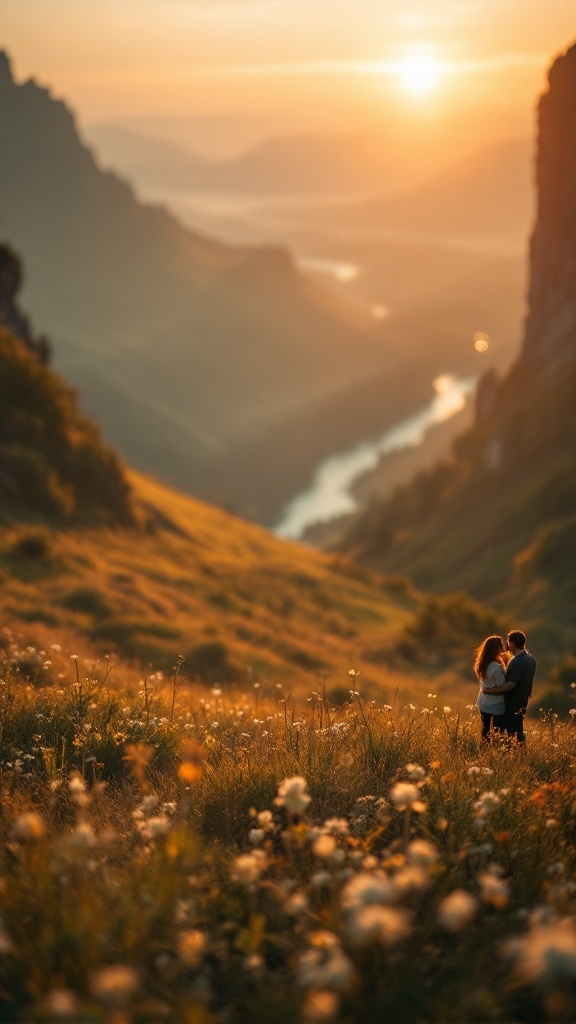 A couple embracing in a field during sunset with soft lighting.