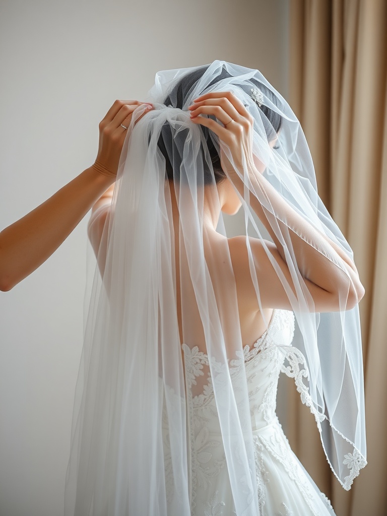 A bride adjusting her decorated veil with delicate lace edging.