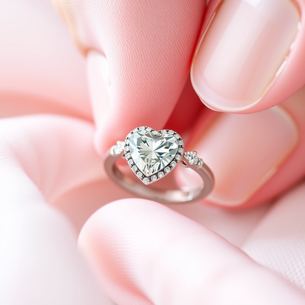 A heart-shaped engagement ring held delicately in a person's hand