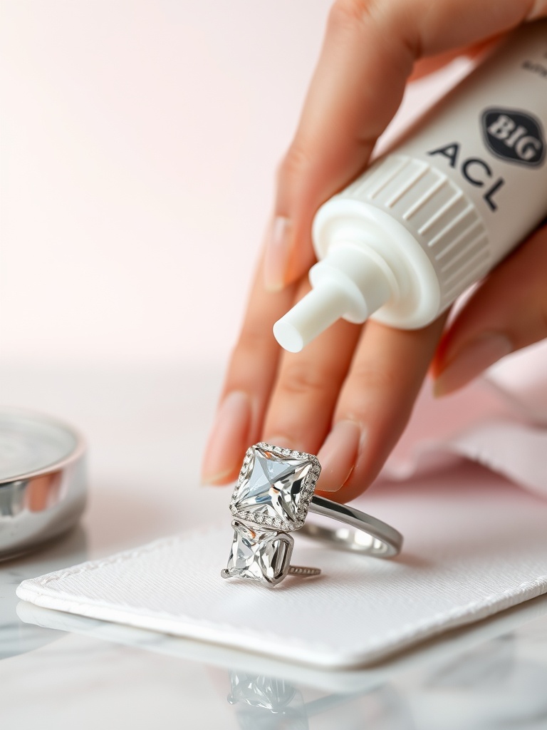 A princess cut engagement ring being cleaned with a bottle of jewelry cleaner.