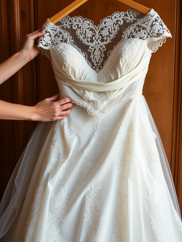 A close-up of a lace wedding dress, showcasing its intricate design and details.