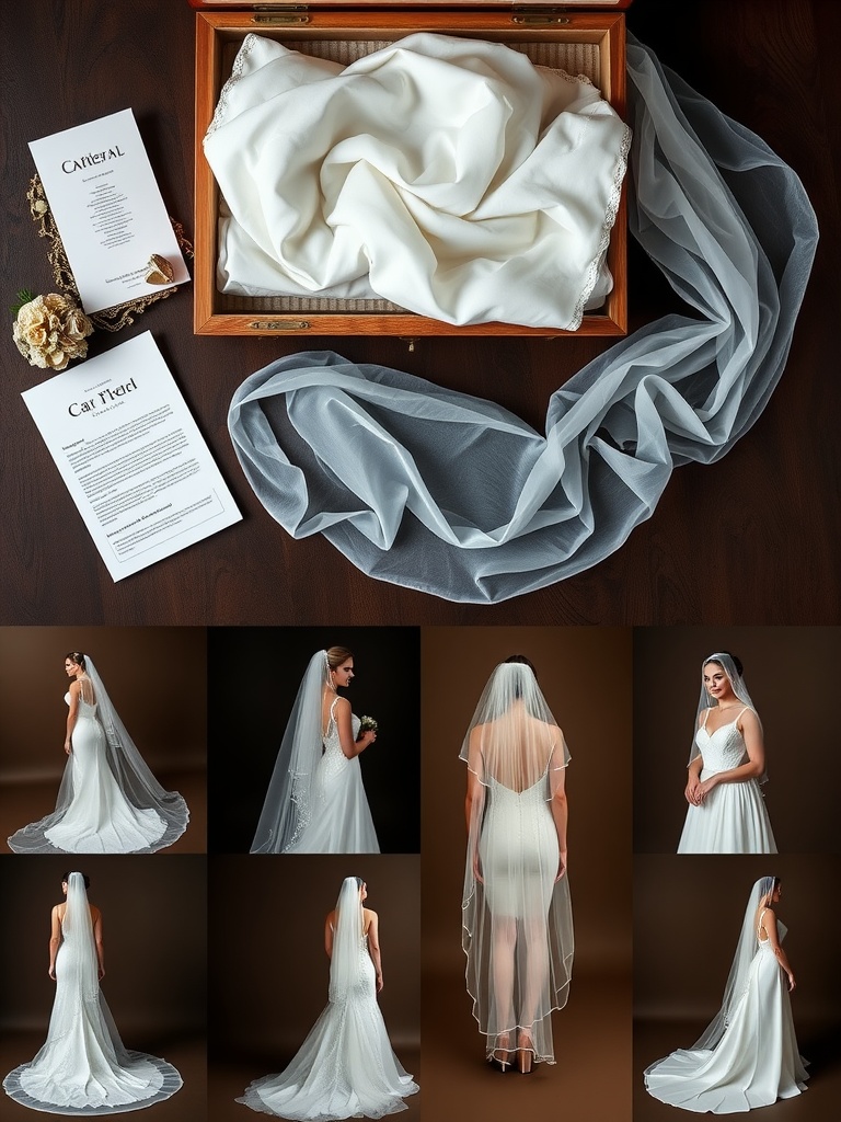 A variety of wedding veils displayed in a wooden box and on models, showcasing cathedral, fingertip, and birdcage styles.