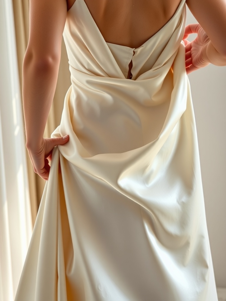 A close-up of the back of a satin wedding dress, featuring a deep V-back and elegant draping.