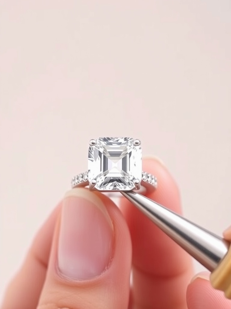 A close-up of a cushion cut engagement ring being held with a tool, showcasing its sparkle and setting.