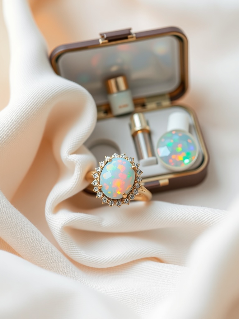 A beautiful opal engagement ring on a soft fabric with a jewelry box in the background.
