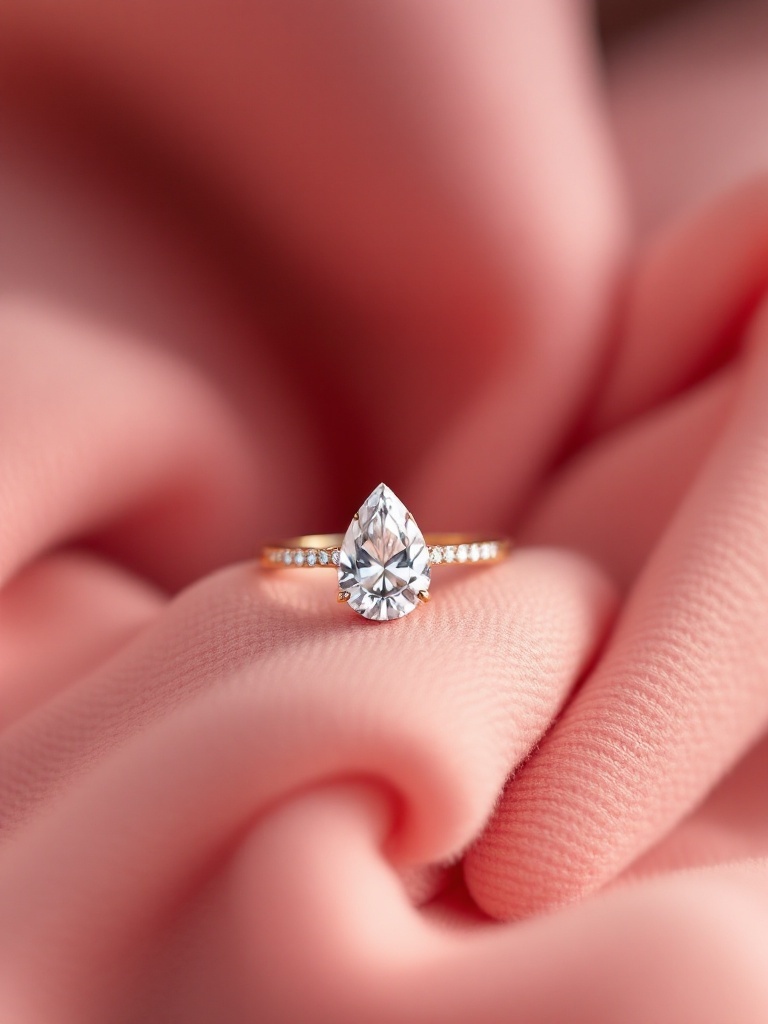 A pear-shaped engagement ring resting on soft pink fabric.