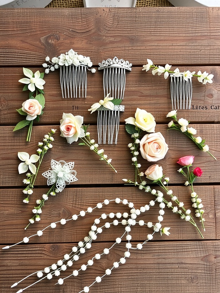 An assortment of cascading floral clips and hair accessories displayed on a wooden surface.
