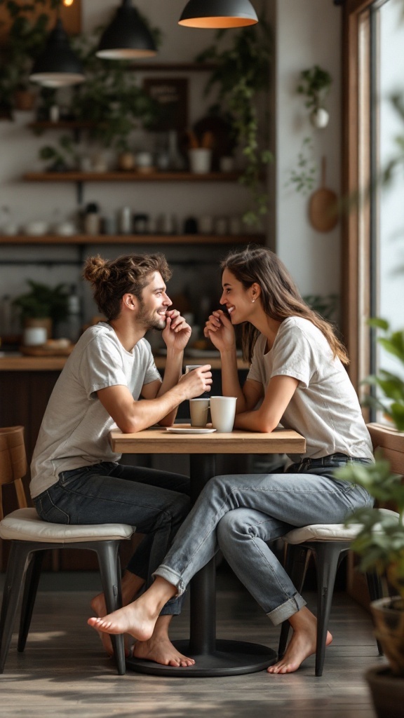 Couple sitting at a café table, laughing and enjoying their coffee.