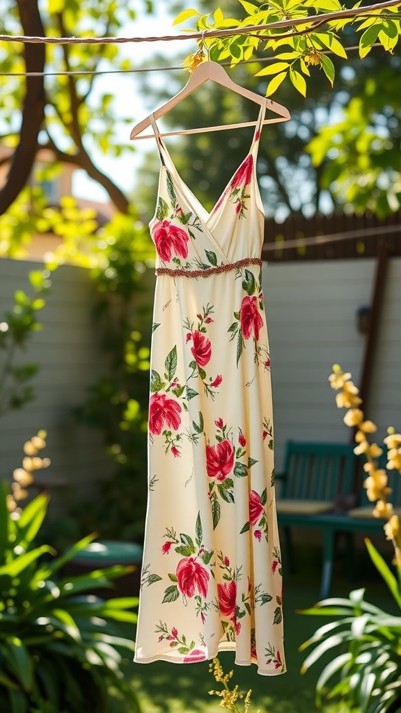 A floral print sundress hanging on a clothesline surrounded by greenery