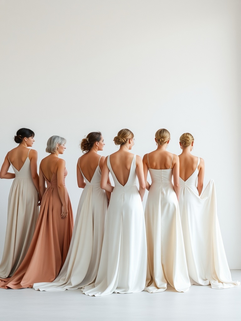 A group of brides wearing minimalist wedding dresses in a variety of styles.