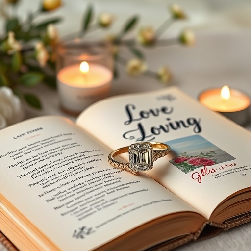 An Asscher cut engagement ring on an open book titled 'Love Loving' with candles and flowers in the background.