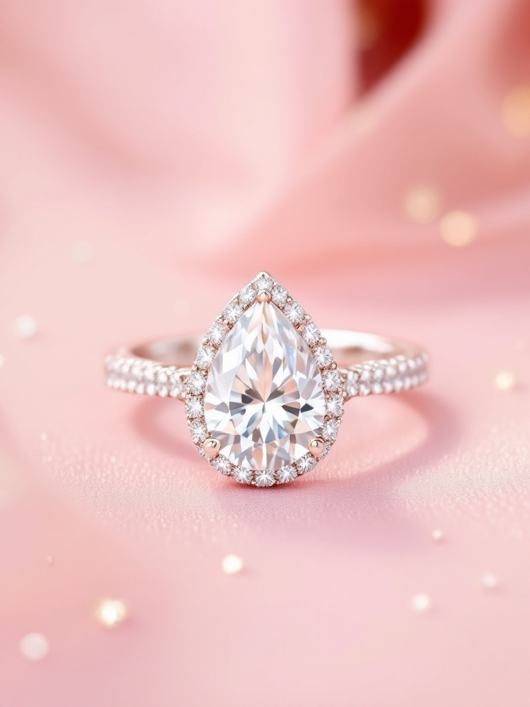 A stunning pear-shaped engagement ring with a diamond surrounded by smaller diamonds on a pink background.