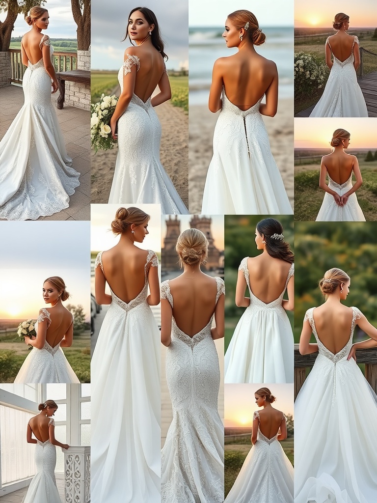 Collage of brides in elegant backless wedding dresses, showcasing various styles and hairstyles, highlighting the beauty and boldness of backless gowns.