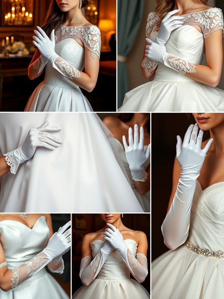 A collection of bridal gloves showcased with a wedding dress, featuring different styles including lace and satin.