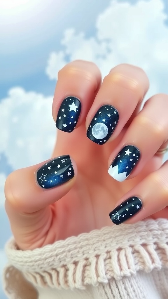A close-up of elegant celestial themed wedding nails featuring soft pinks, stars, and a pearl accent