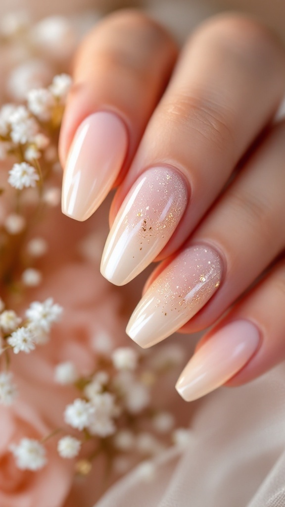 A close-up of elegantly styled nails featuring a champagne to gold ombre design with a hint of sparkle.
