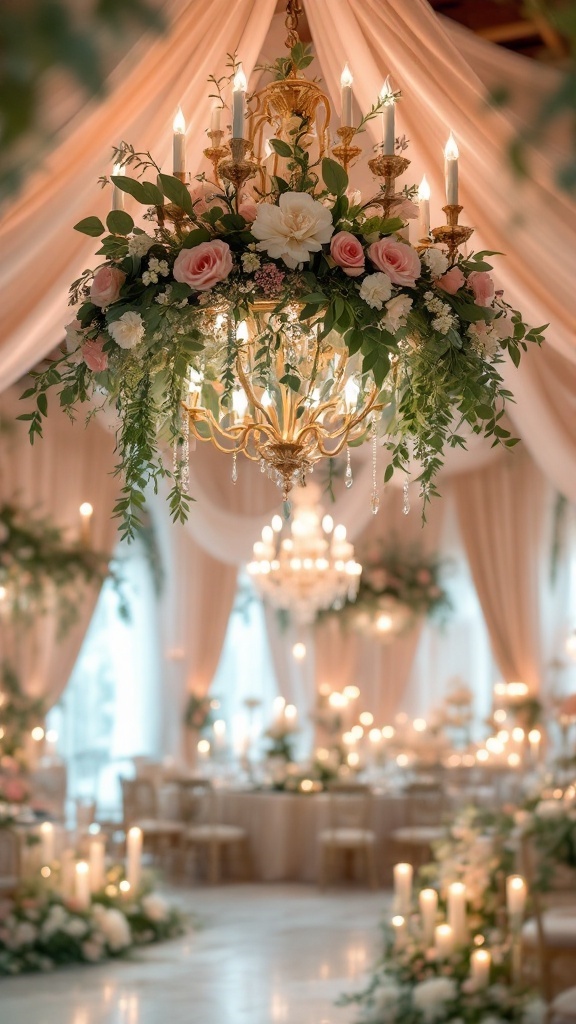 A beautifully decorated chandelier with flowers and greenery hanging in an elegant wedding reception setting.