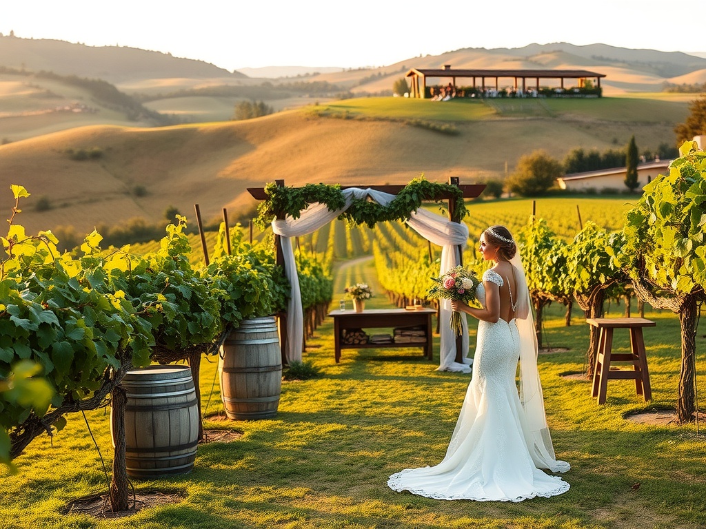 A bride in a wedding dress standing in a vineyard at sunset, surrounded by grapevines and a rustic ceremony setup.