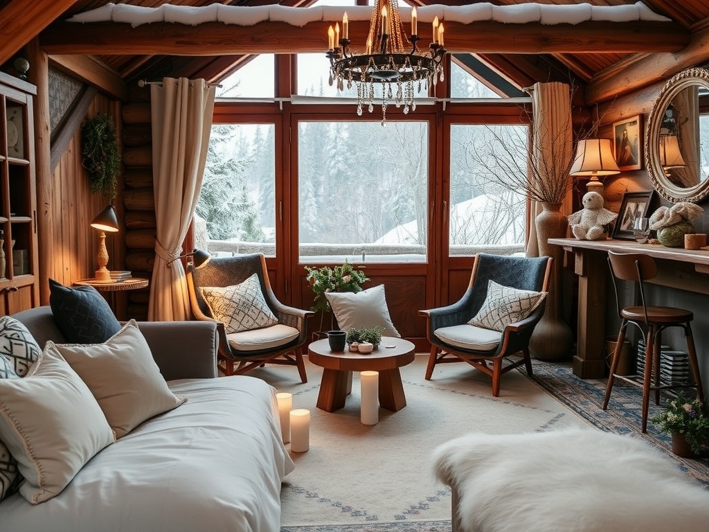 Cozy interior of a charming B&B in the French Alps with wooden decor and mountain views.