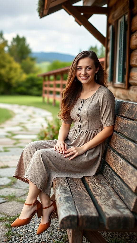 Floral button-up dress on a wooden bench in a garden setting.