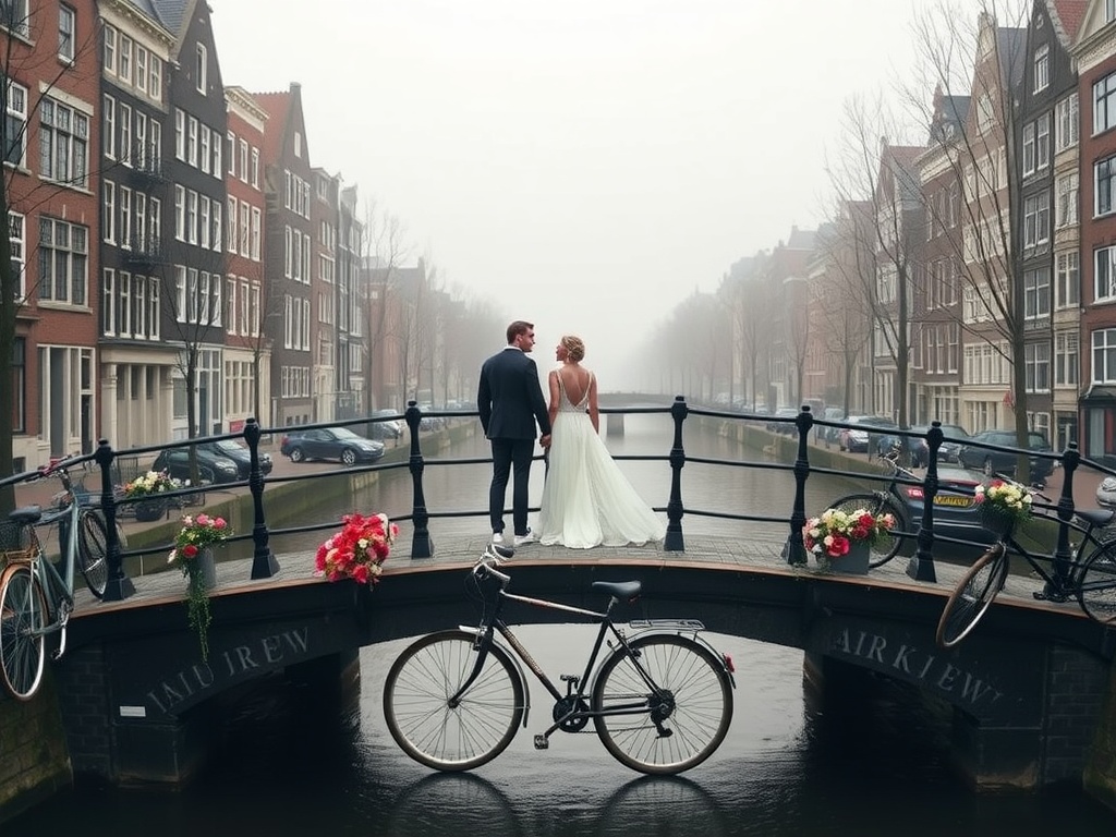 Couple on a bridge over a canal in Amsterdam, surrounded by historic buildings and flowers.