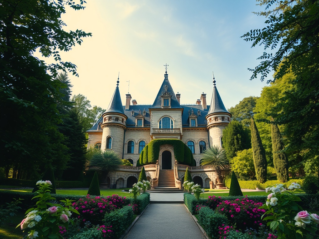 A stunning castle surrounded by lush greenery and colorful flowers, showcasing its romantic architecture and fairytale-like setting.