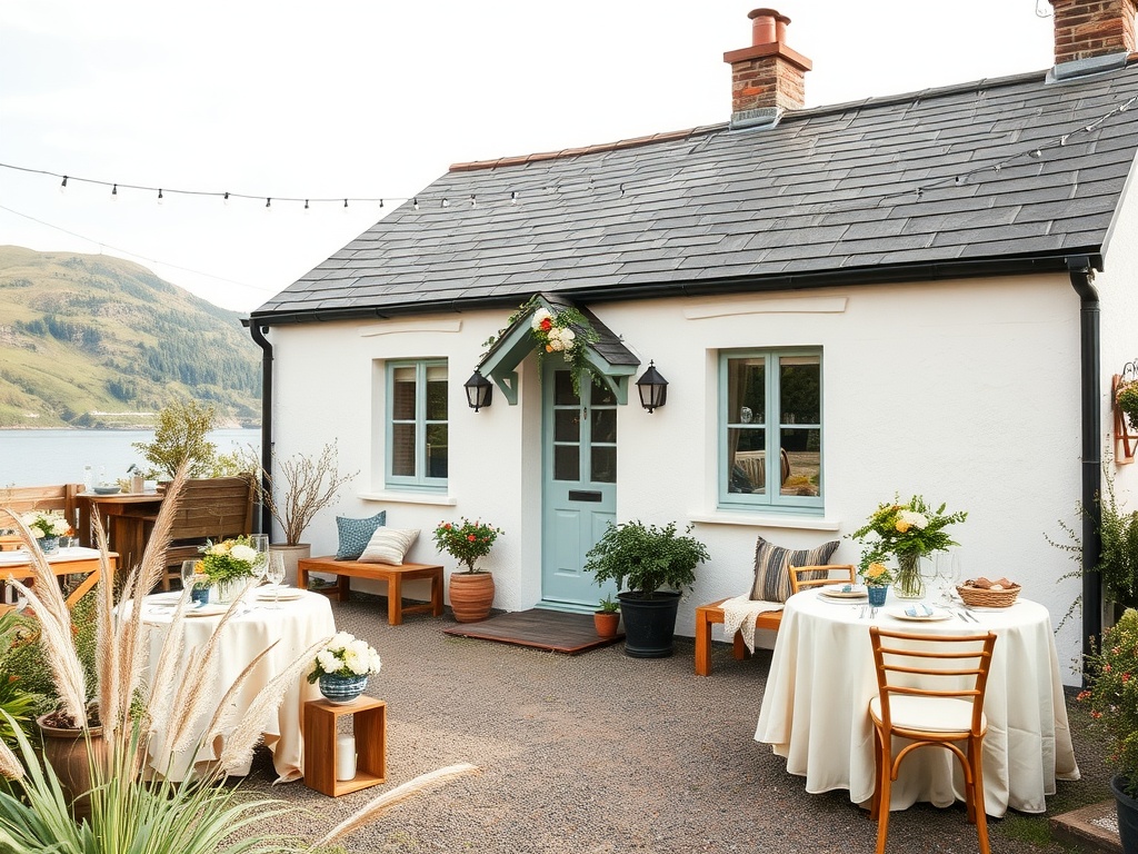 Charming cottage in the Lake District, set up for a wedding celebration with tables and floral arrangements.